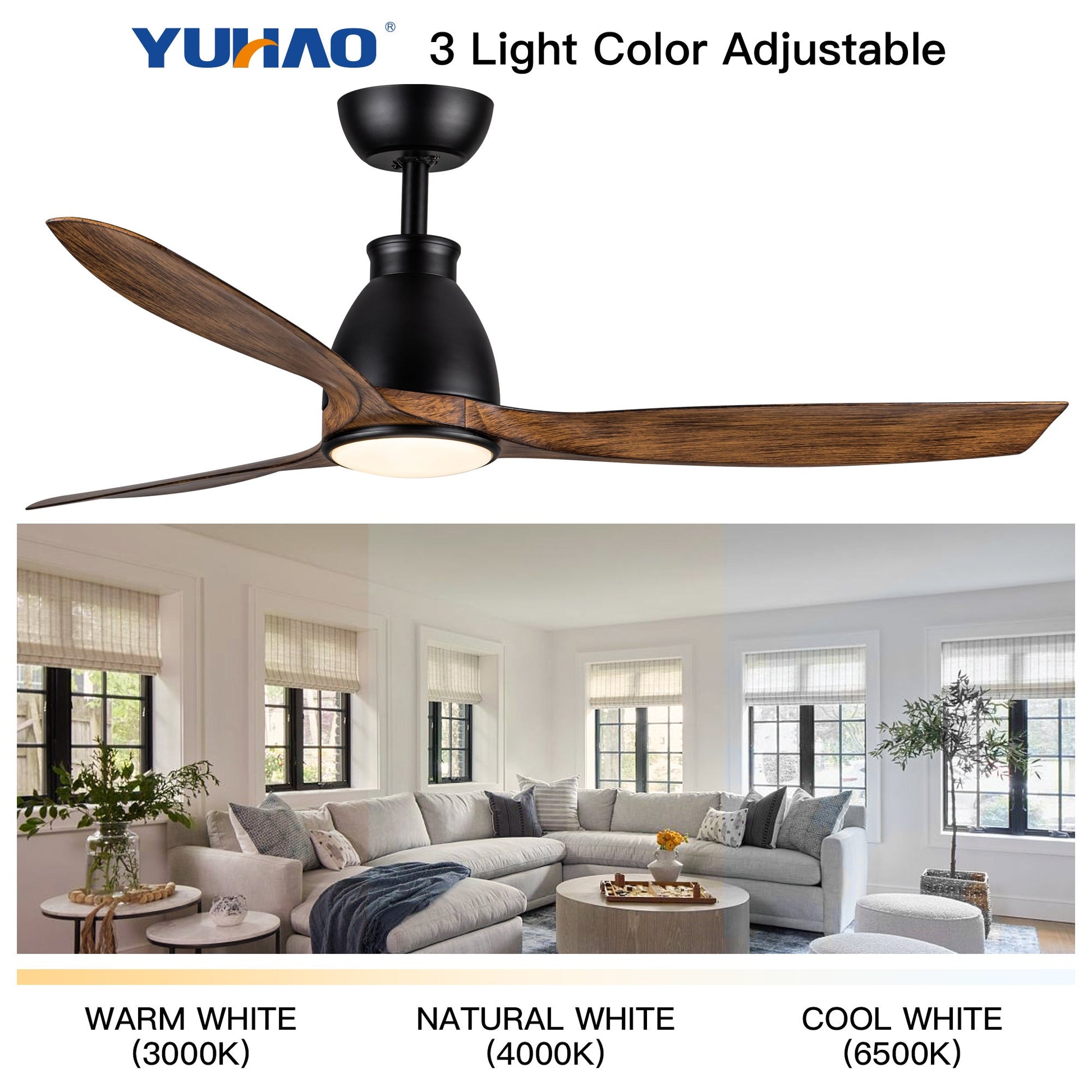 Black ceiling fan with wood blades and integrated light with adjustable color