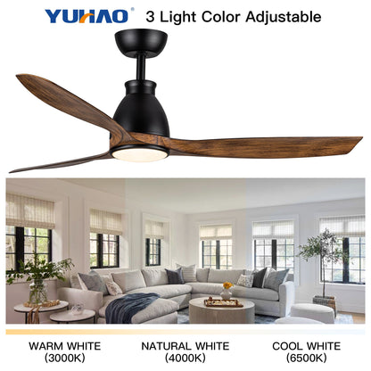 Black ceiling fan with wood blades and integrated light with adjustable color