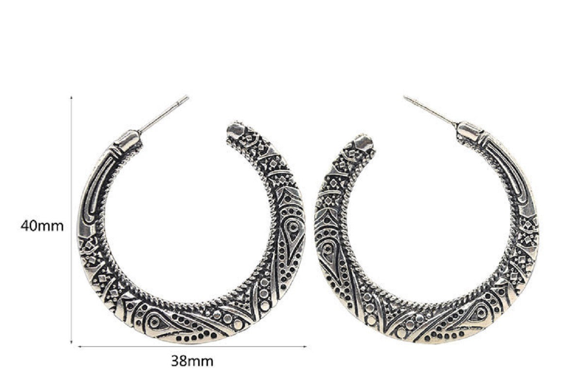 Silver-tone stud hoop earrings, engraved crescent pattern; 40mm outer, 38mm inner