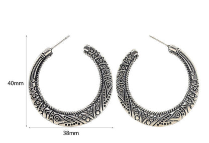 Silver-tone stud hoop earrings, engraved crescent pattern; 40mm outer, 38mm inner