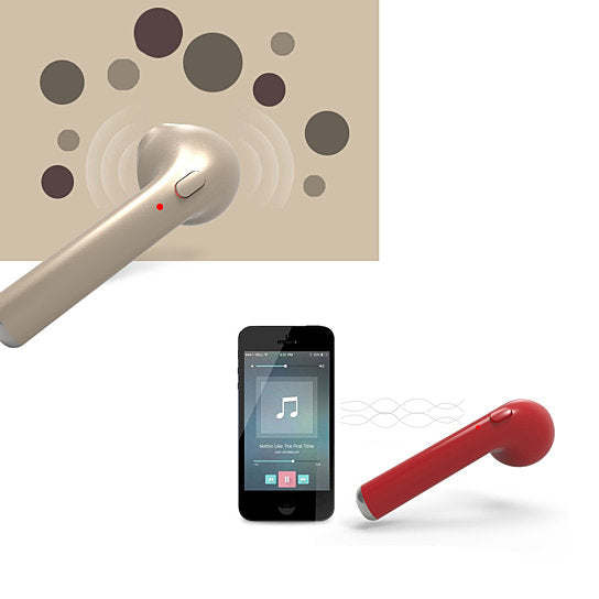 Silver and red Bluetooth earbuds with black smartphone showing music playback