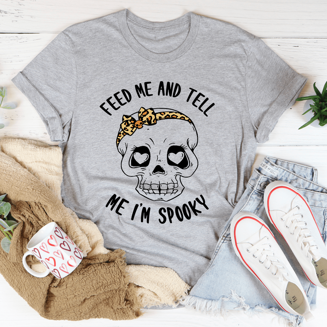 Heather gray spooky skull T-shirt with 'FEED ME...' top text and 'I'M SPOOKY' bottom