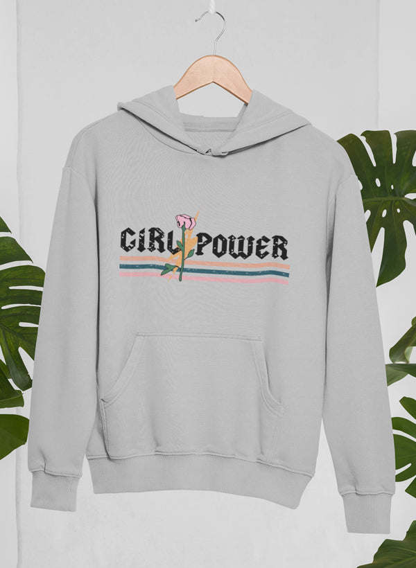 Heather grey rose hoodie with hood and kangaroo pocket, Girl Power logo chest print