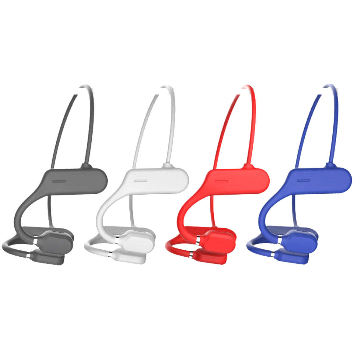 Set of open-ear wireless headphones: gray, white, red, and blue