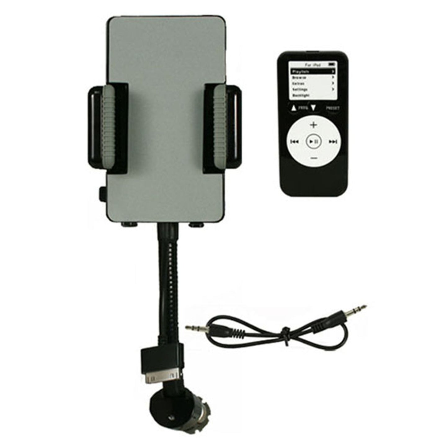 Black FM car phone charger with hands-free stand, remote control and 3.5mm jack