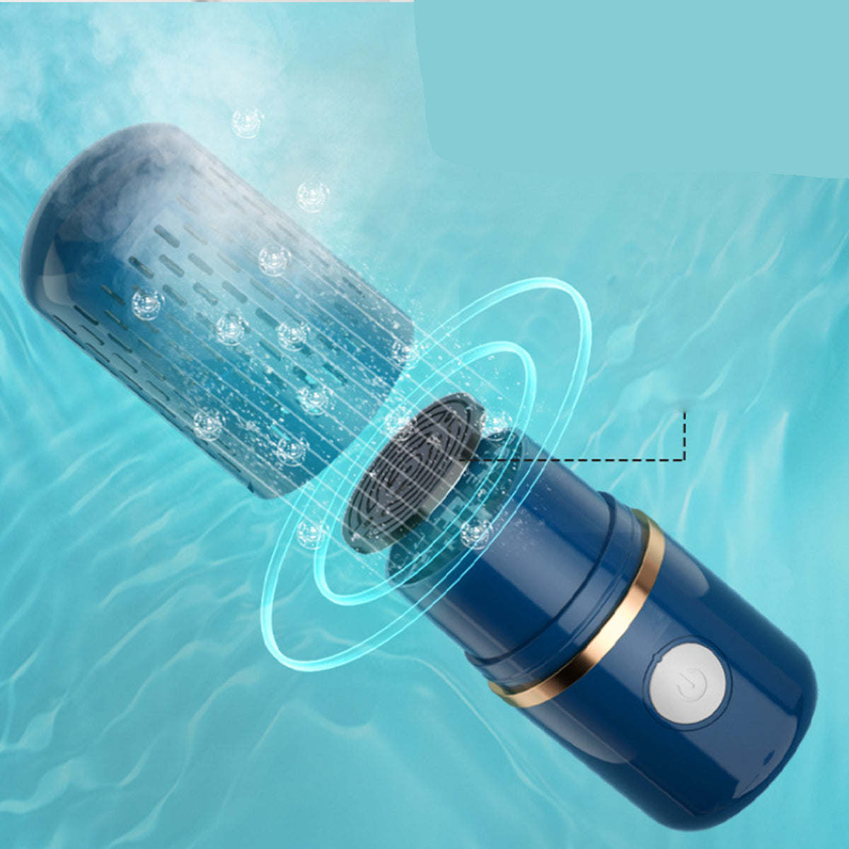Blue ultrasonic produce cleaner submerged in water with visible ripples