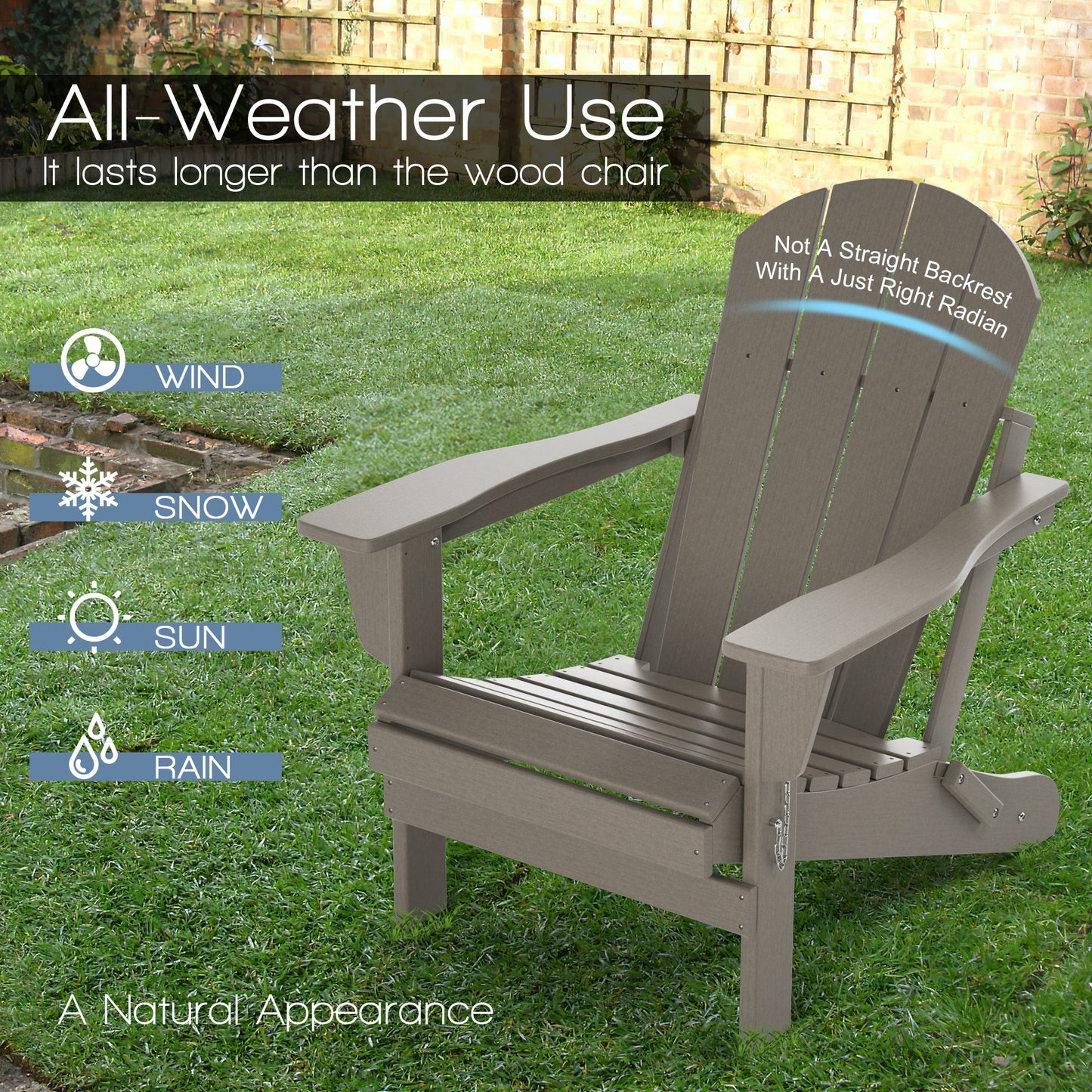 Folding Adirondack-style patio chair with wide arms and slatted seat on outdoor grass.