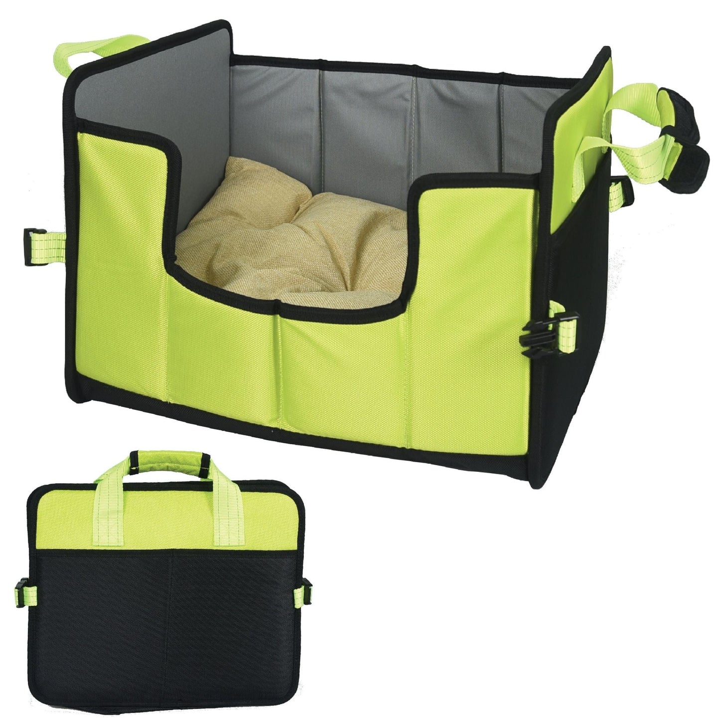Folding travel pet bed in lime green and black with gray interior and cushion