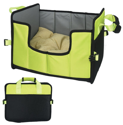 Folding travel pet bed in lime green and black with gray interior and cushion