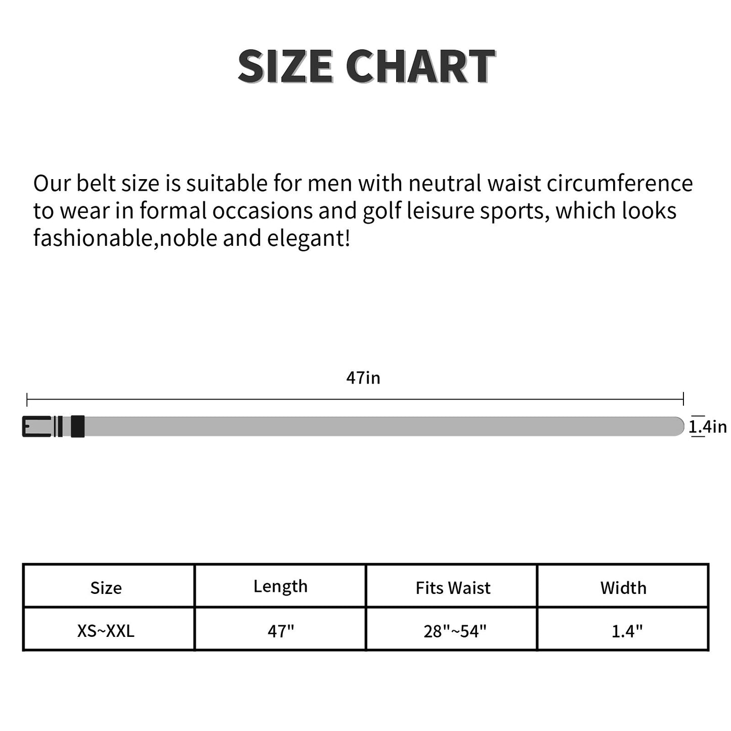 Nylon ratchet belt size guide: 47 in length, 1.4 in width