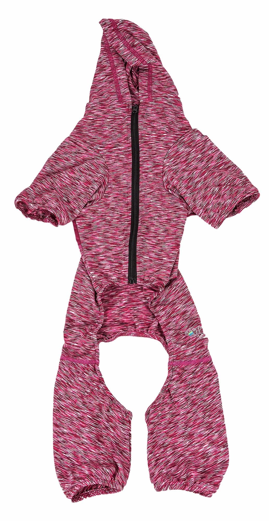 Two-toned heathered dog full-body hoodie with hood, paw openings, and zip front in maroon