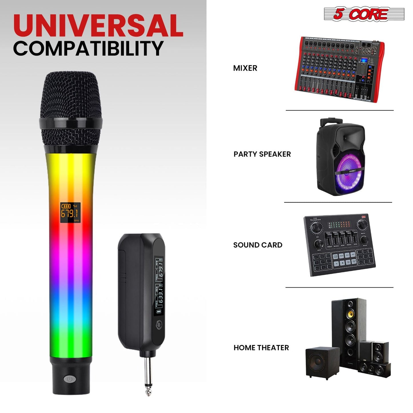 5 Core Microphone Wireless Karaoke Singing Mic Rechargeable Microfono w Lights