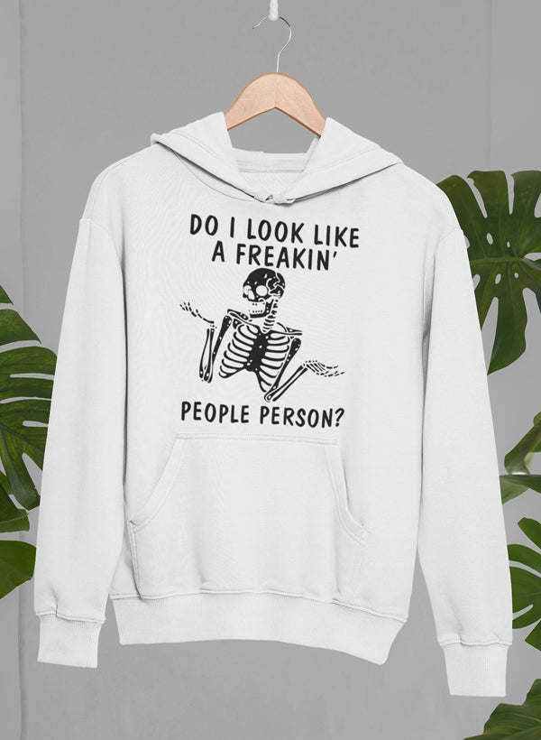 White hoodie with front pocket and skeleton graphic with text