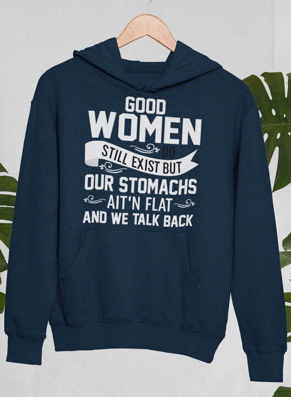 Navy pullover hoodie with hood, front pocket, and large white slogan graphic on chest