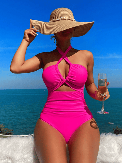 Ladies' cross pleated sexy hanging neck and exposed waist one-piece bikini swimsuit