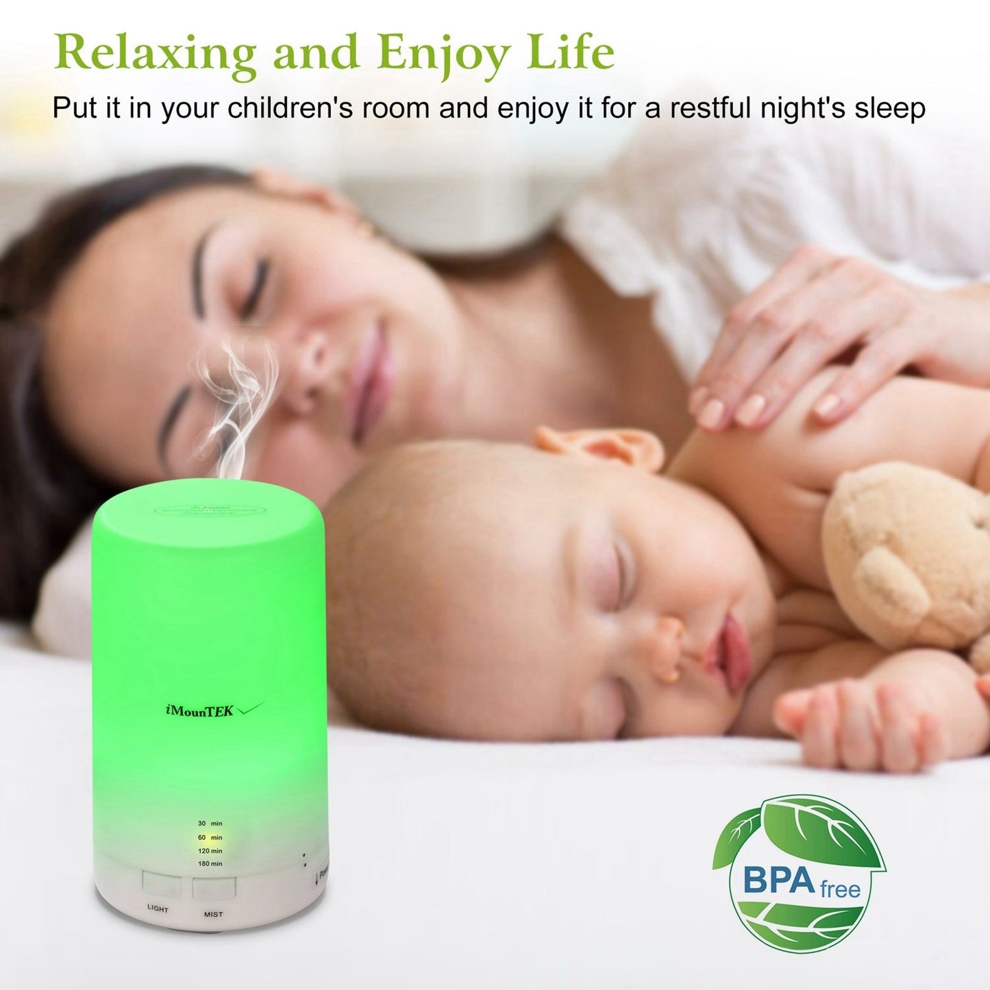 Mini cool mist humidifier on bedside surface with green LED light