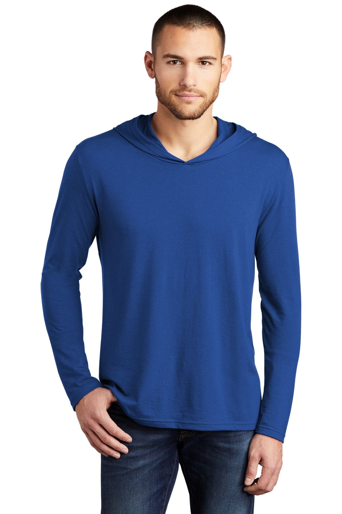 Blue long sleeve hoodie with hood and front pocket.