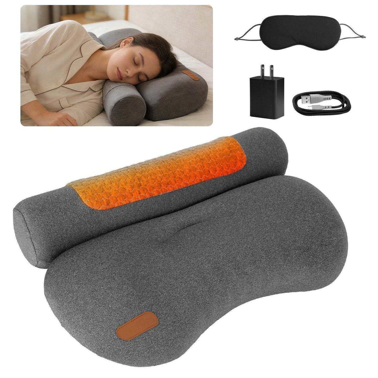 Dark grey heated neck pillow with orange heat panel and included eye mask set