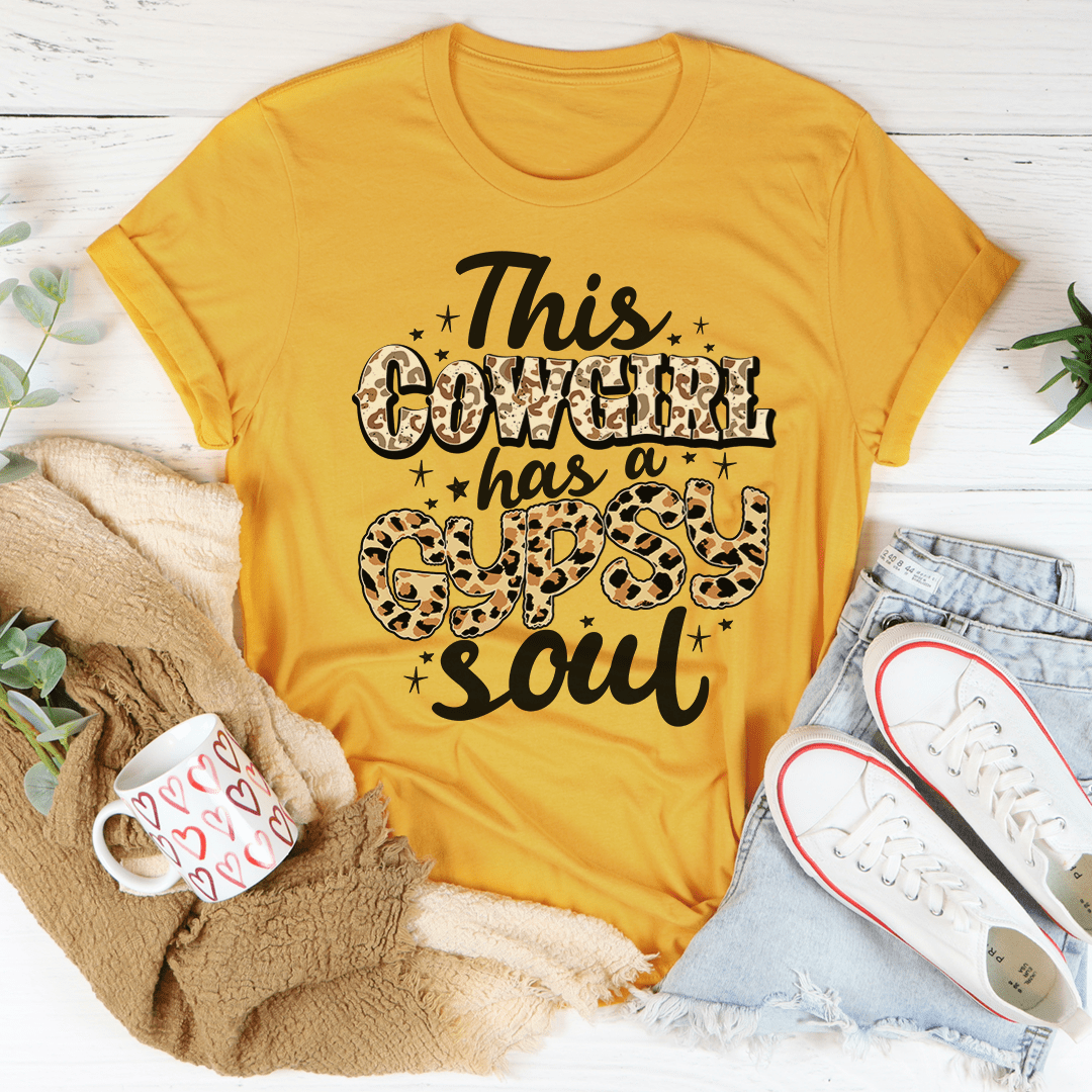 Mustard yellow T-shirt with leopard 'cowgirl' and 'soul' graphic on front