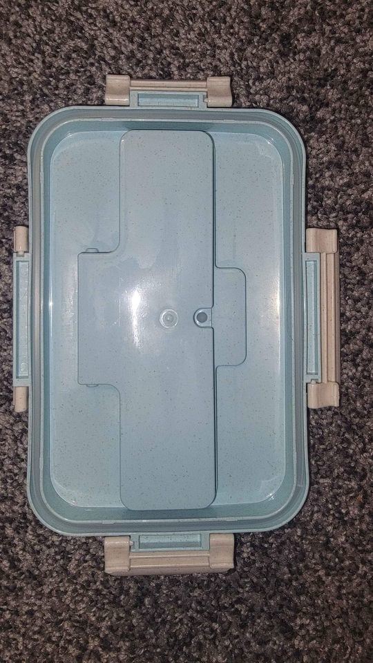 Blue bento box closed with integrated divider inside
