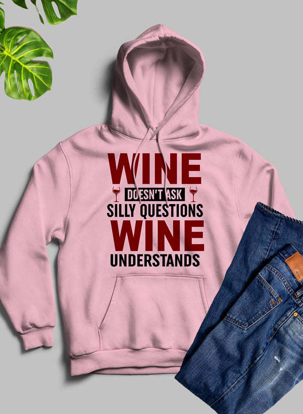Light pink wine-themed hoodie sweatshirt with front slogan graphic and kangaroo pocket.
