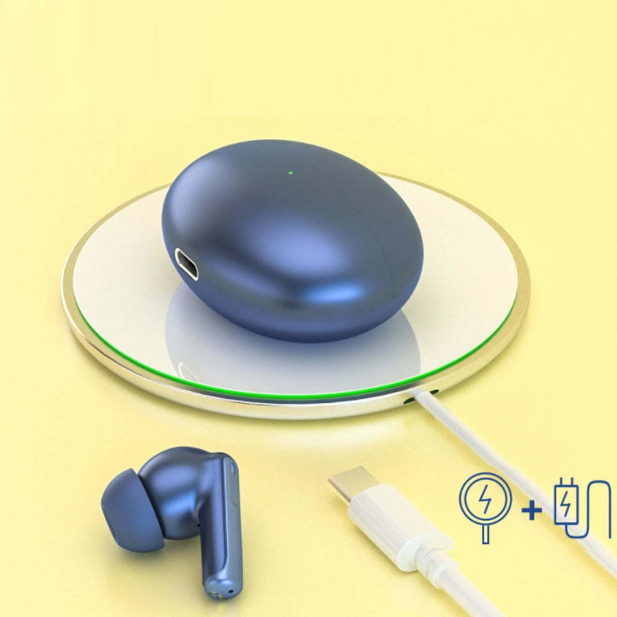 Wireless earbuds in dark blue on a wireless charging pad with a charging cable