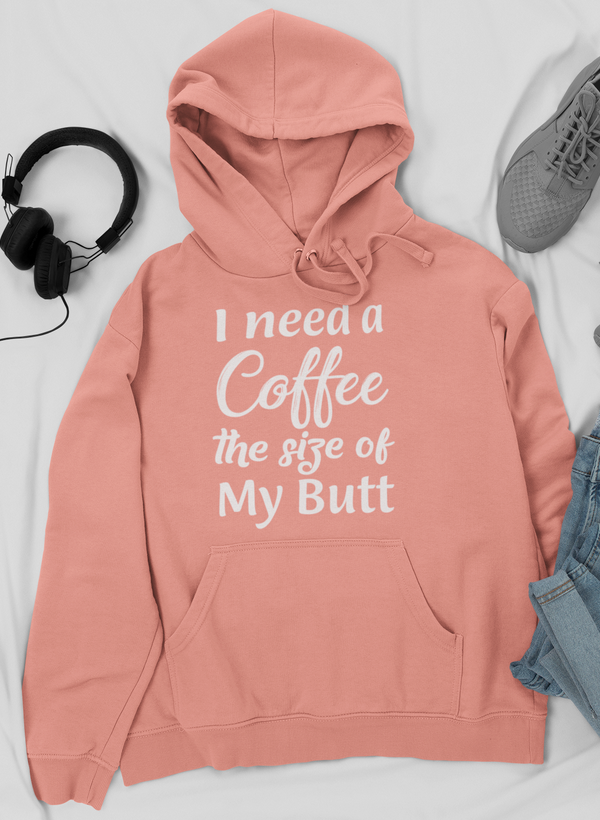 Light peach hoodie sweatshirt with coffee slogan graphic, front pocket, and drawstring hood