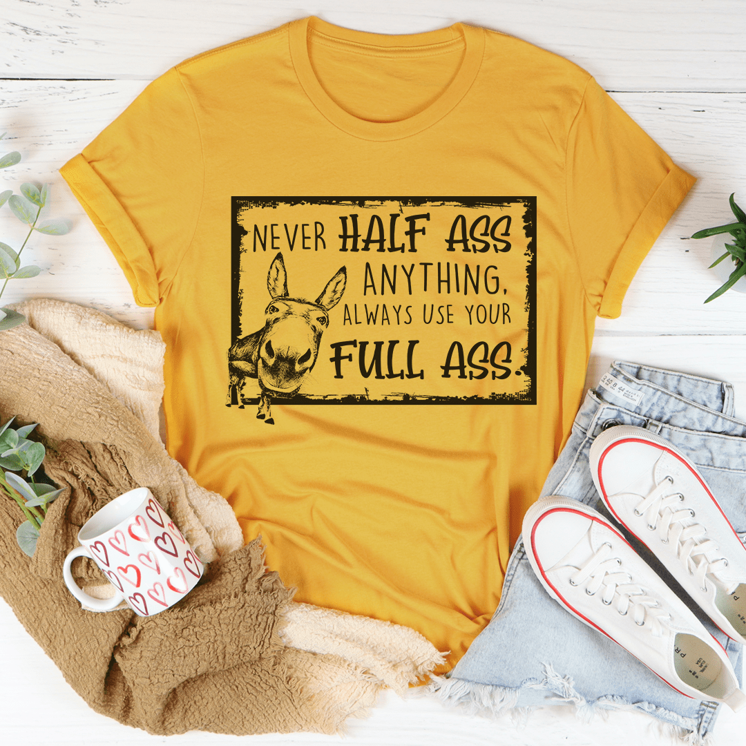 Mustard yellow T-shirt with front slogan graphic and dog illustration.