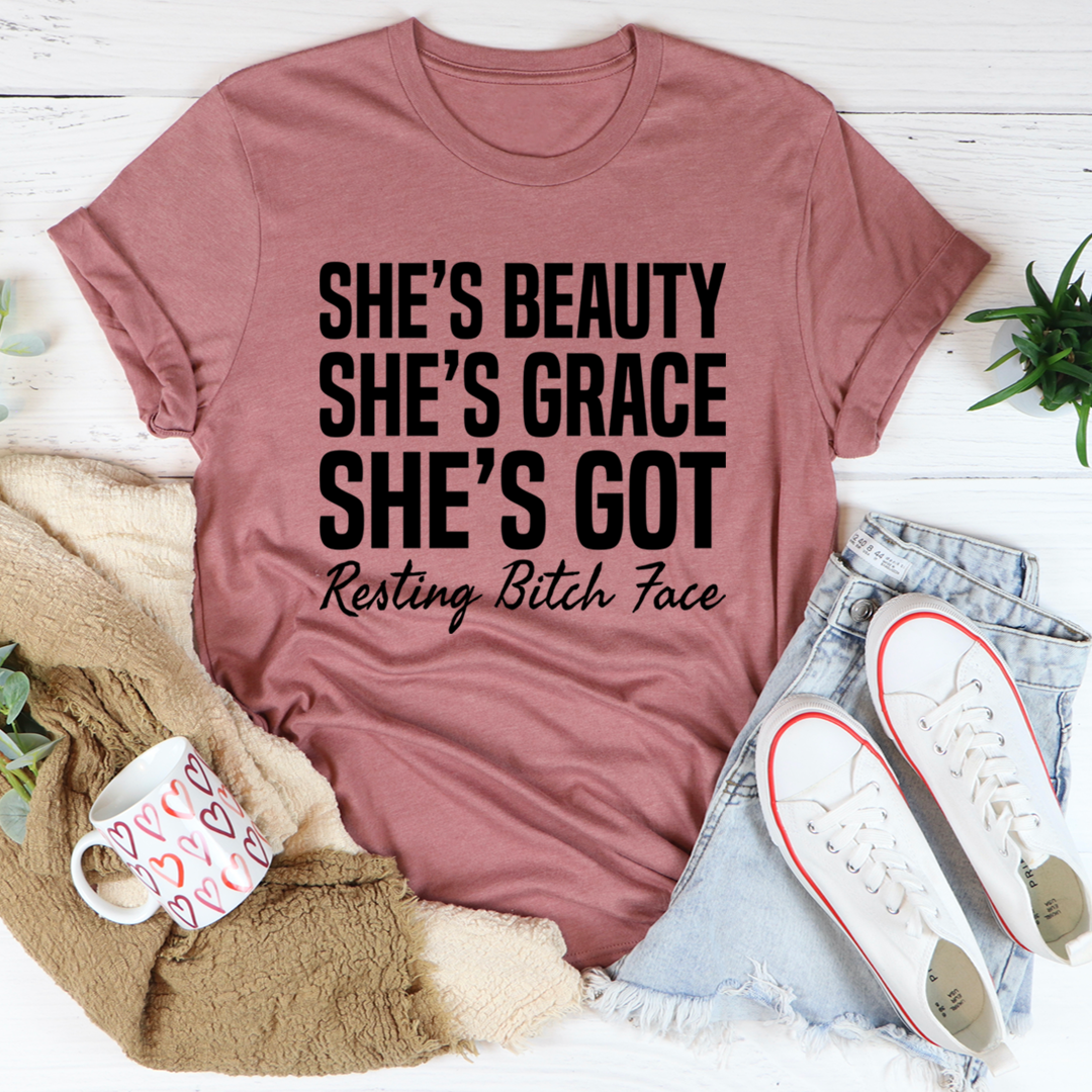 Mauve graphic T-shirt with 'She’s Beauty She’s Grace She’s Got' print on chest