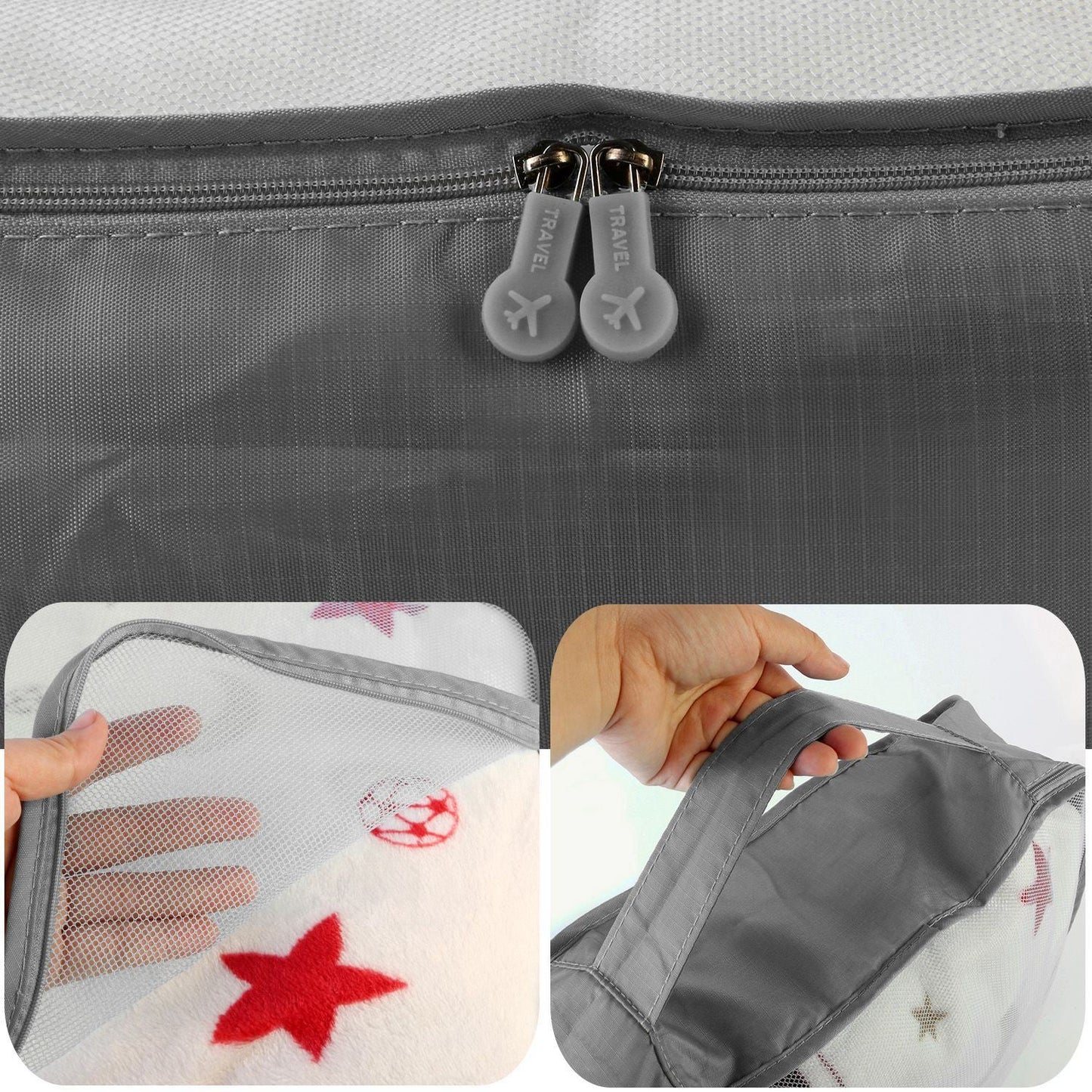 Gray water-resistant packing bag with dual zipper pulls and durable fabric finish