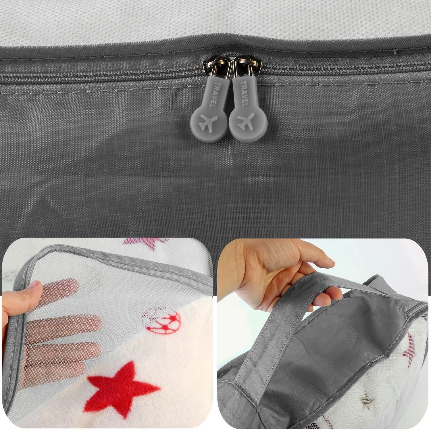 Gray water-resistant packing bag with dual zipper pulls and durable fabric finish