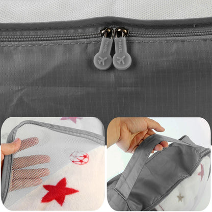 Gray water-resistant packing bag with dual zipper pulls and durable fabric finish