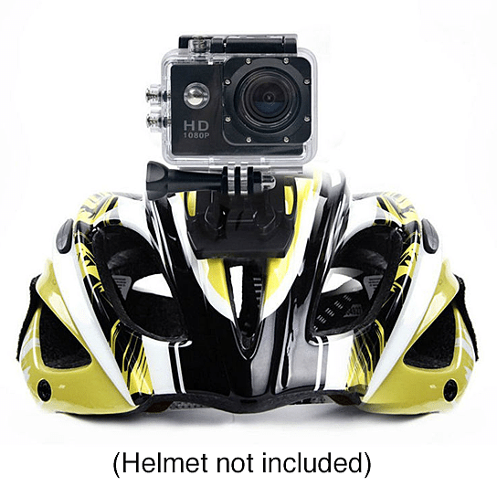 Waterproof action camera in clear case attached to a helmet mount