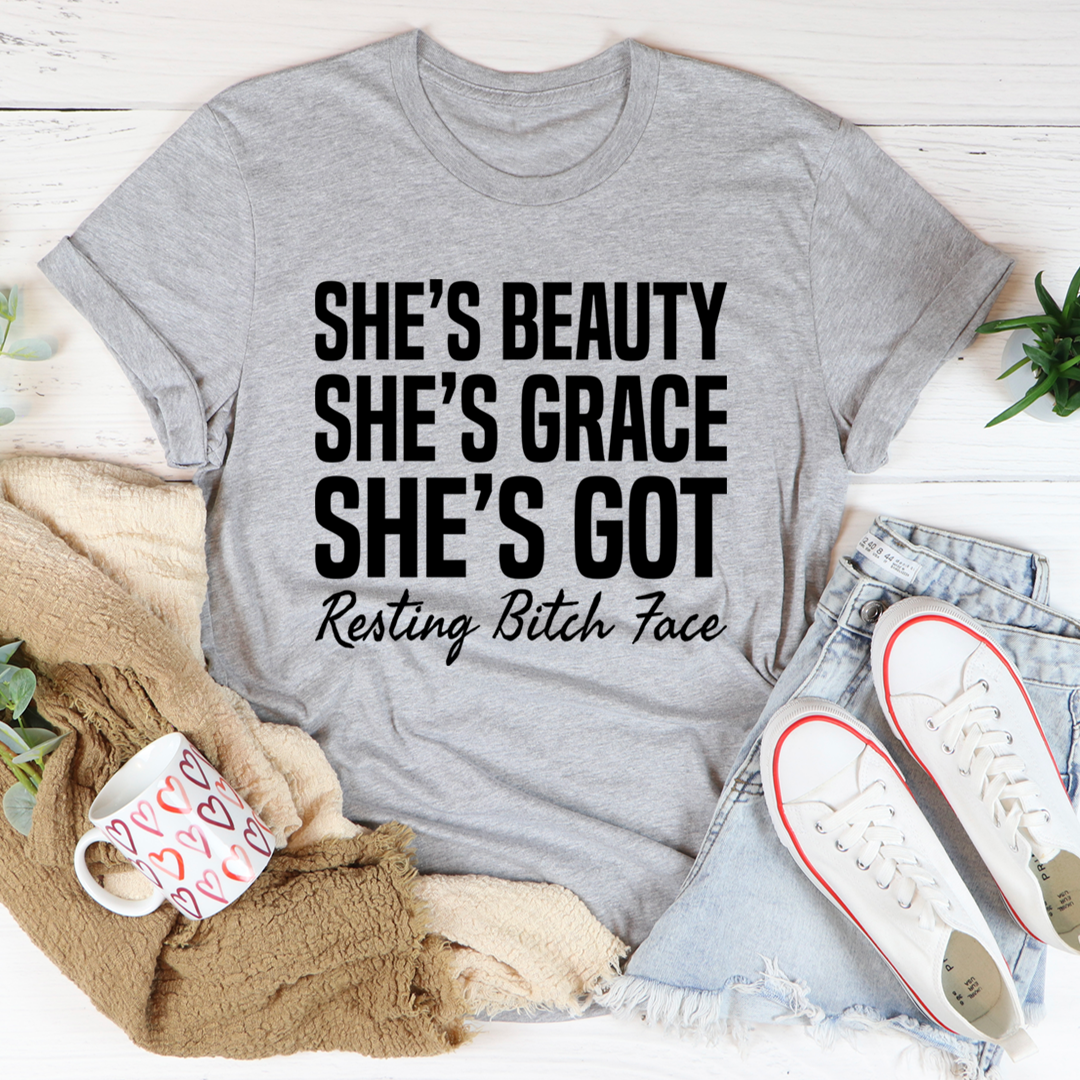 Athletic heather grey crewneck T-shirt with bold 'She's Beauty She's Grace She's Got' print