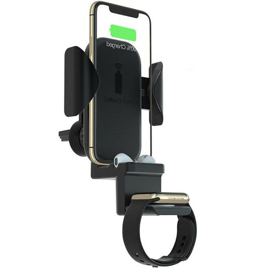 Wireless car phone charger mount with spring clamps and adjustable car arm, black
