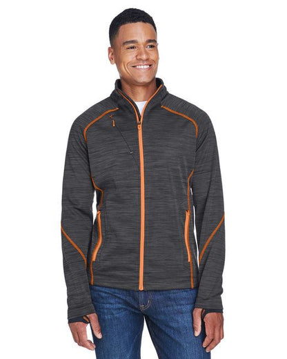 Men's bonded fleece jacket, charcoal gray bonded fleece with orange piping, front view