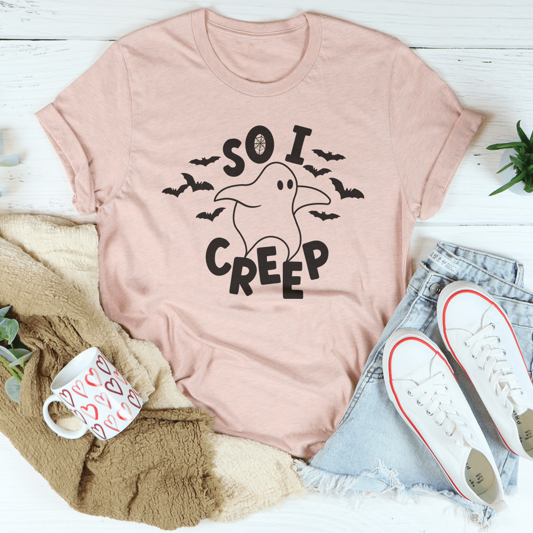 So I Creep graphic t-shirt in dusty pink with black dog and bats print