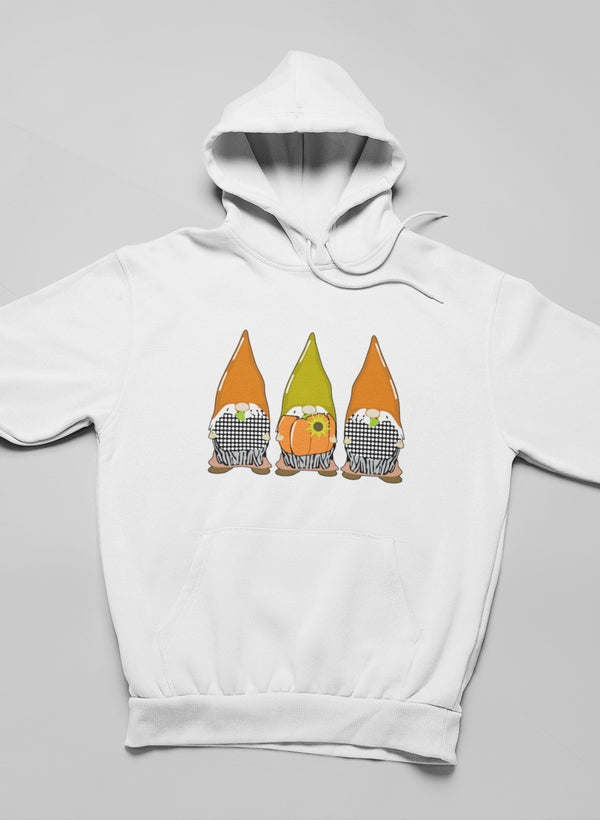 White hoodie with pumpkin gnome graphic, kangaroo pocket, and pullover hood