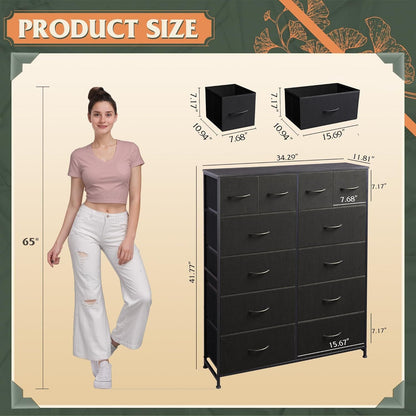 Tall Dresser for Bedroom with 12 Drawers, Dressers & Chests of Drawers, Fabric Dresser for Closet, Living Room, Storage Dressers with Storage Drawers, Steel Frame, Wood Top