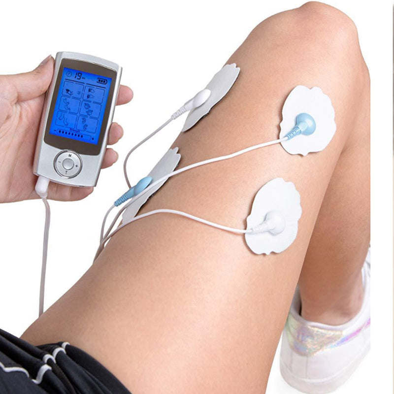 Sore No More relaxer electrode pads on upper arm with connected control device