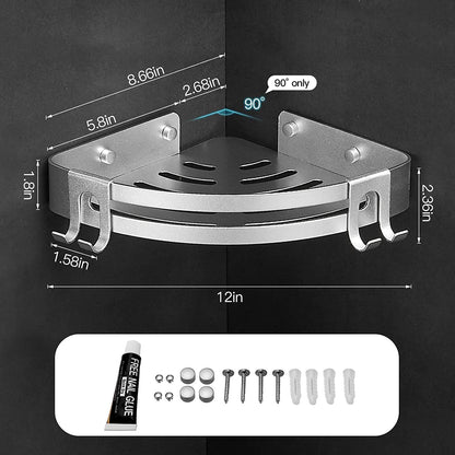 Silver corner shower shelf caddy with 12 in base and included hardware