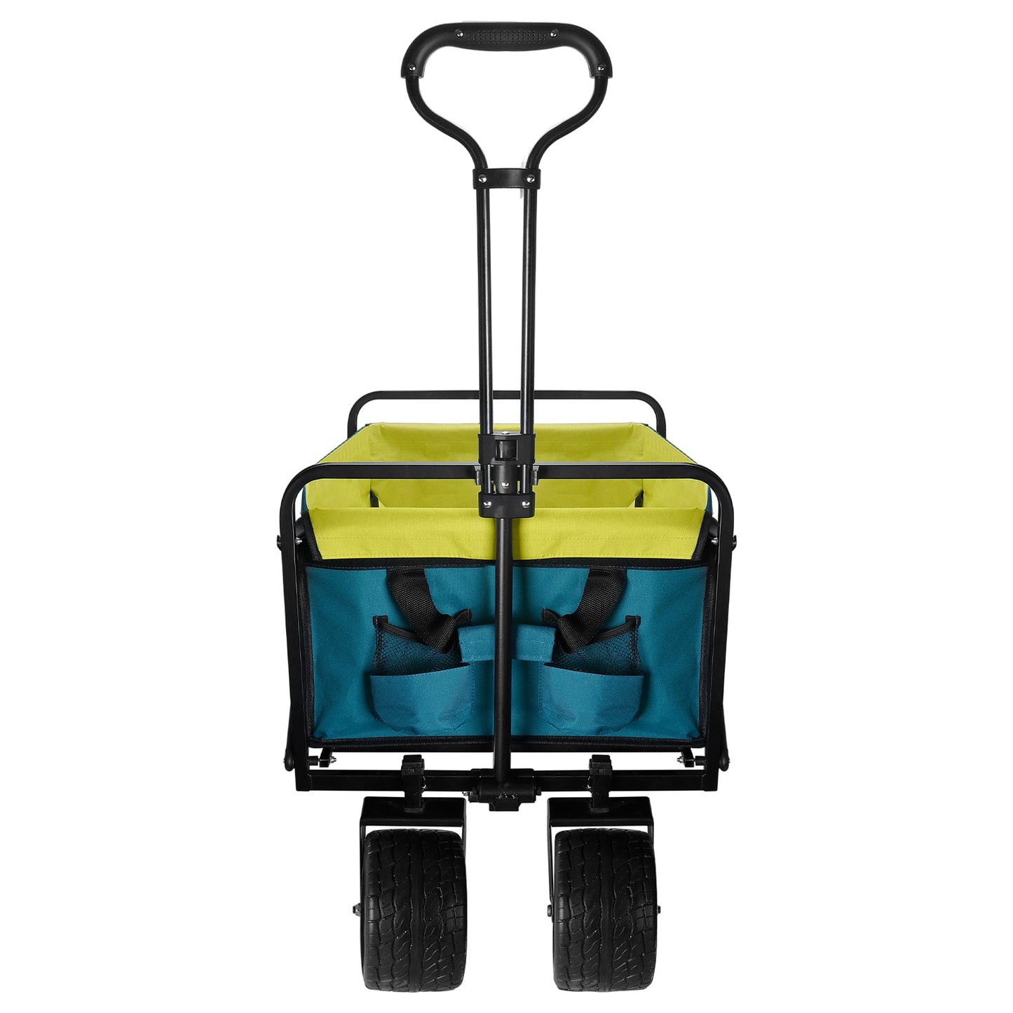 Blue and lime collapsible wagon with front handle and four wheels