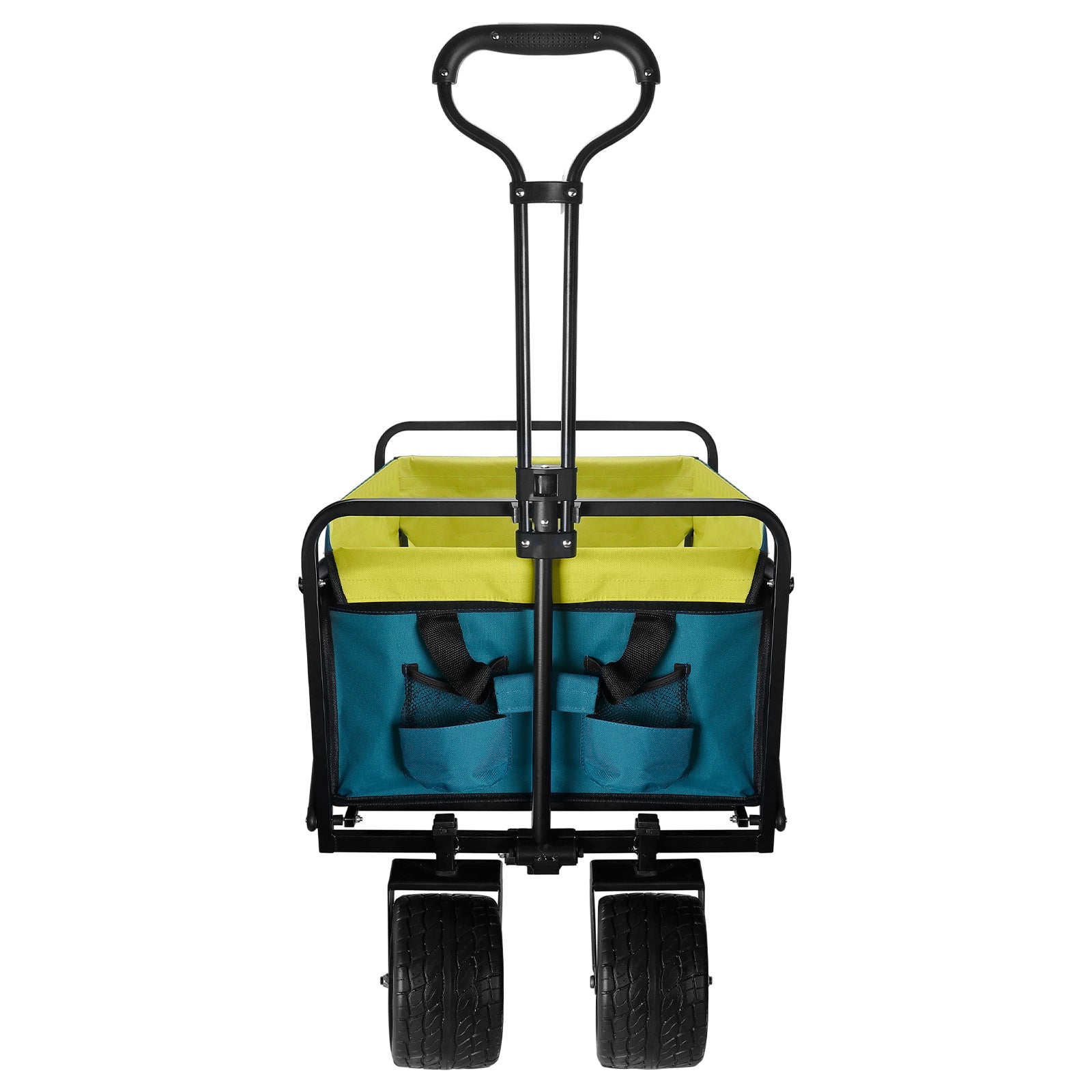 Blue and lime collapsible wagon with front handle and four wheels