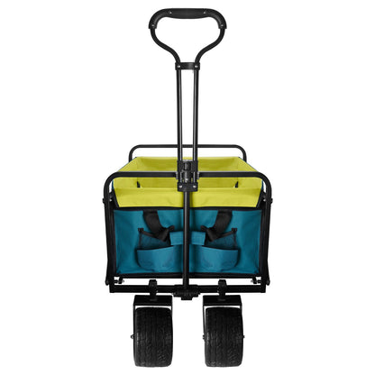 Blue and lime collapsible wagon with front handle and four wheels