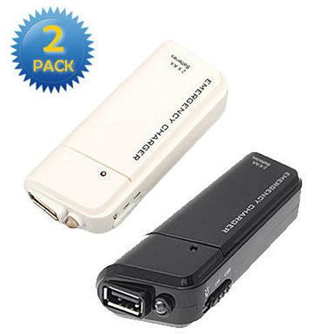 Two-pack emergency smartphone chargers: white and black with USB ports