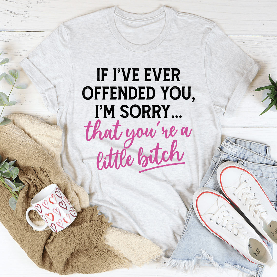 Light grey crewneck graphic T-shirt with pink script and white block text, front view