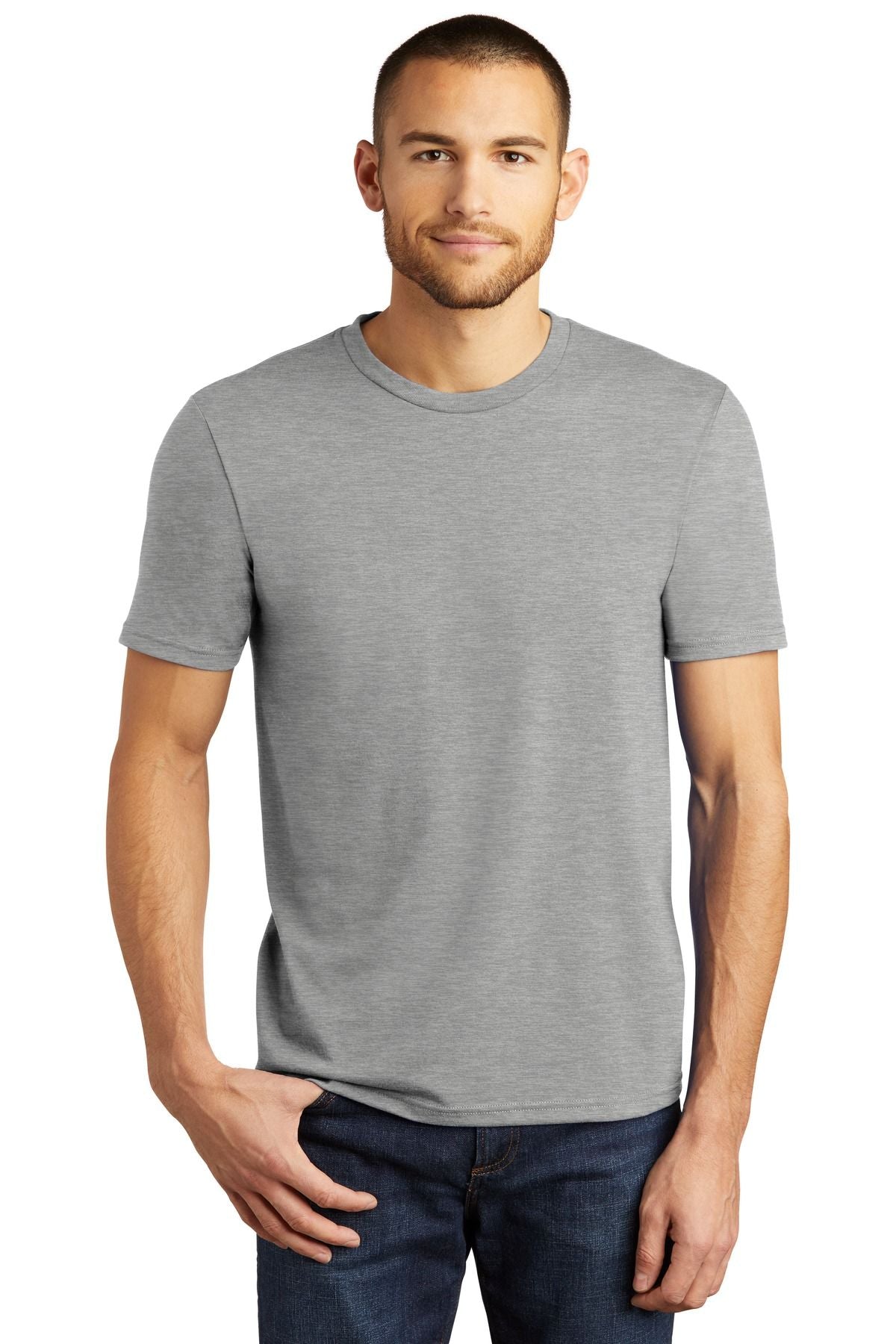 Light gray crewneck tri-blend T-shirt with short sleeves and ribbed collar