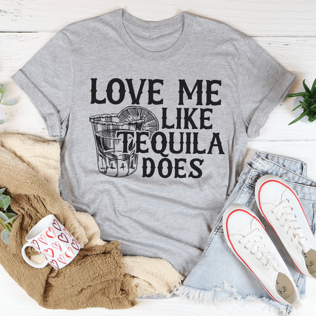 Heather gray crewneck T-shirt with black tequila slogan graphic on front