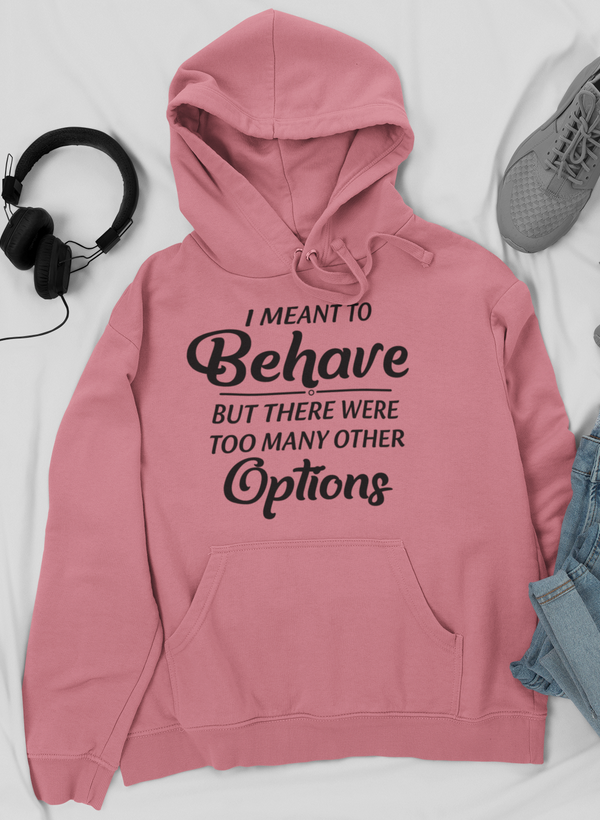 Pullover hoodie in mauve with drawstring hood and front text graphic; kangaroo pocket