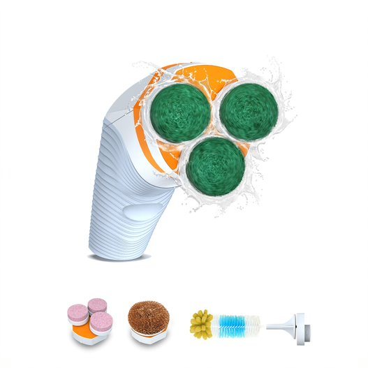 Cordless power scrub brush with three green circular scrubbing pads and orange frame